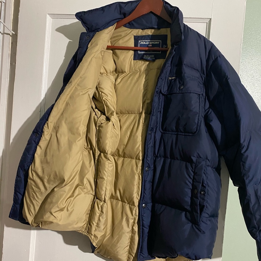 Vintage Men's Ralph Lauren Polo Sport Navy/Tan Jacket Puffer Coat - Men Small - Picture 12 of 14